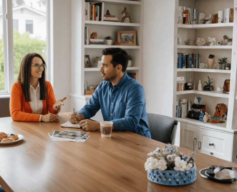 realtor in orange sweater speaking with homeowner at dining table