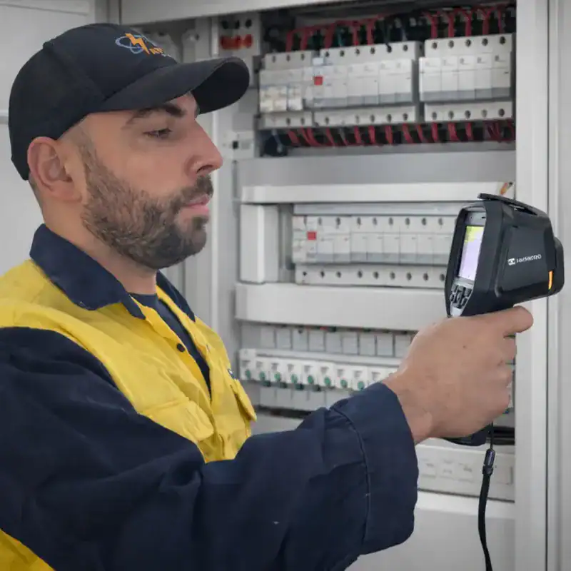 Thermal imaging electrician inspecting switchboard using infrared camera in Sydney commercial electrical system