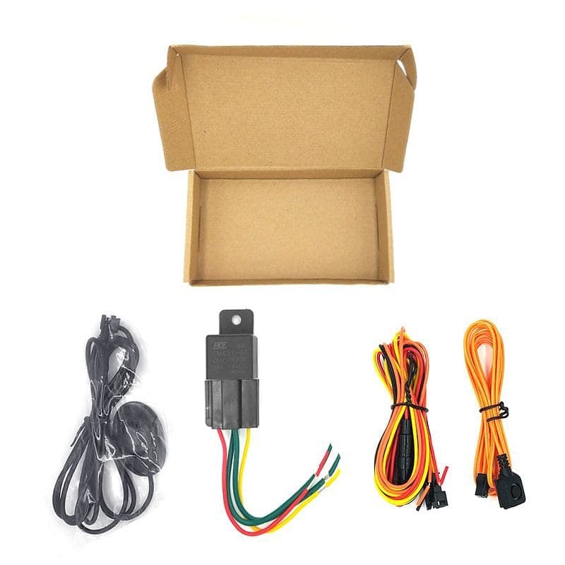 Wireless car alarm system wiring kit included in a cardboard box for vehicle security, 4-piece set with connectors and wiring harnesses.