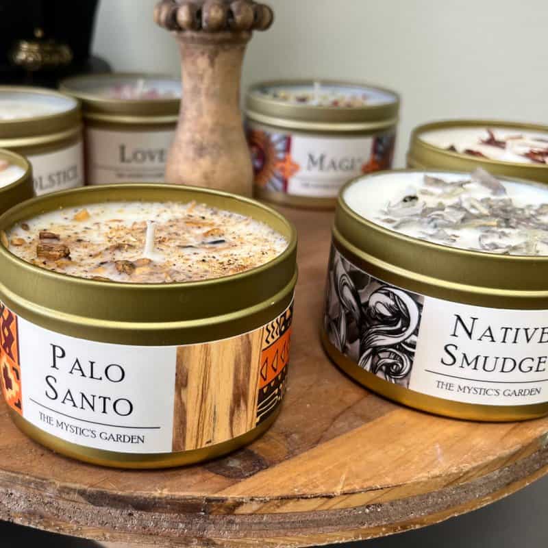 Trio of handcrafted soy intention candles including Palo Santo and Native Smudge