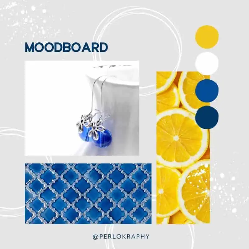 Moodboard mit blauen Ohrringen, Zitronen und geometrischem Muster in Gelb und Blau