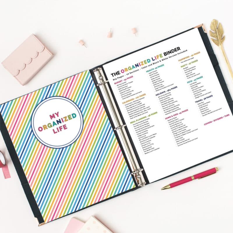 bright rainbow color scheme printable planner pages on a white desk with red desk accessories