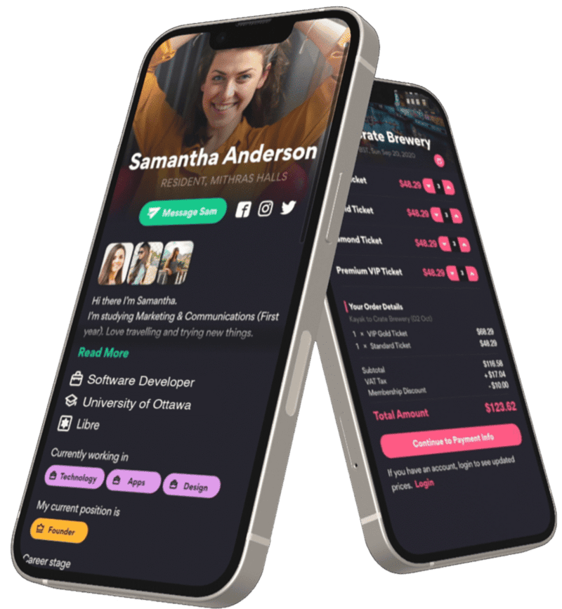 Mobile app interface showcasing KxEngage student engagement features, highlighting a resident's profile with contact options, event ticket details, and personalized information for enhanced community interaction and support.
