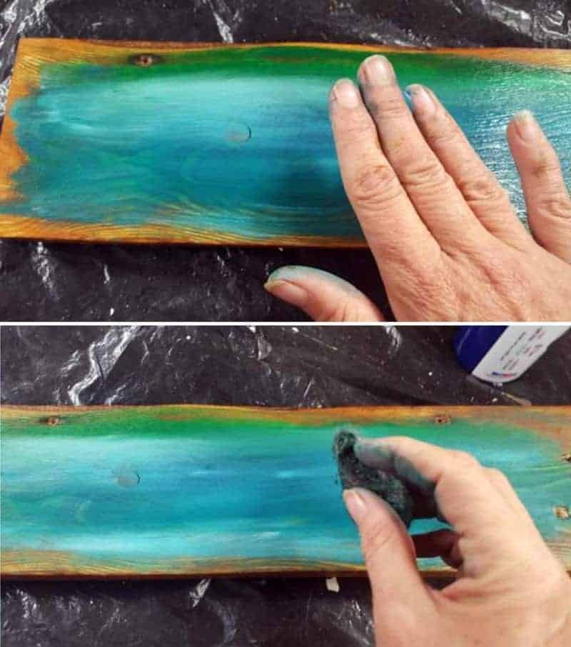 Now for the fun, use your fingers, a brush or even steel wool to smudge a spread the Unicorn SpiT into the grain