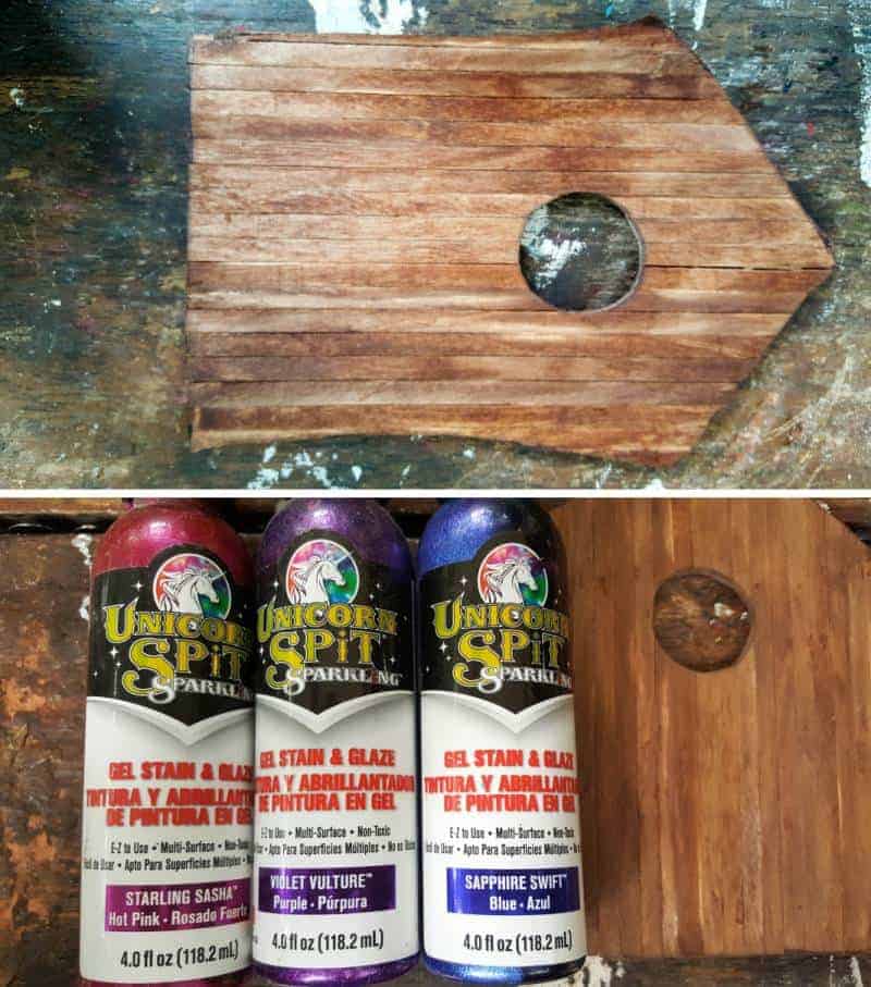 Stain and paint the fairy door in a color of your choice #FairydoorDIY #FairyDoorIdeas #ACraftyMix #MakeAFairyDoor #MiniatureStainedGlass #AlcoholInk