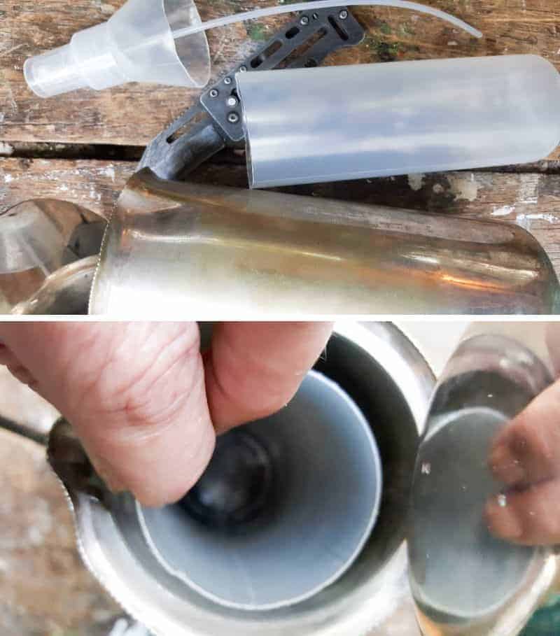 Check if the plastic container fits inside the jug or pitcher