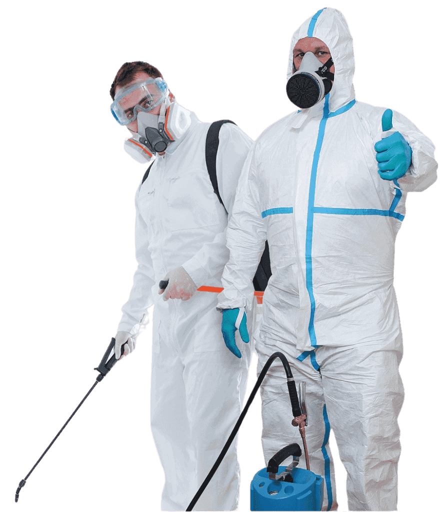 Effets’ de désinsectisation professionnels, techniciens en tenue de protection anti-piqûres contre les nuisibles, désinsectation et extermination de punaises de lit, blattes, fourmis, et autres nuisibles.