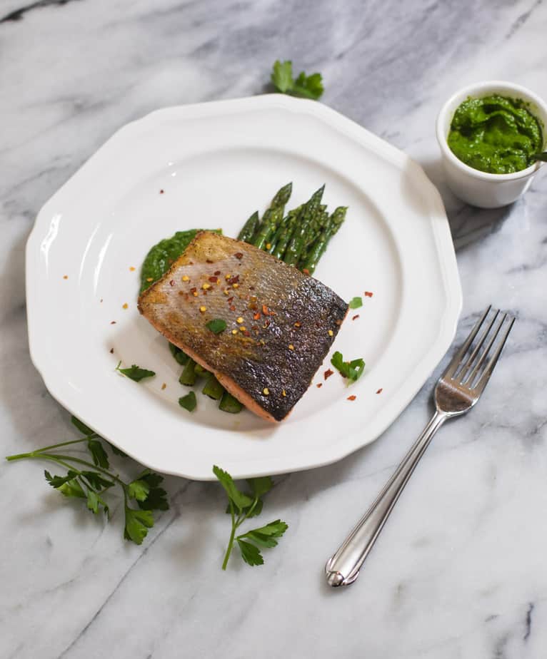 Pan Seared Salmon and Asparagus with Mojo Verde