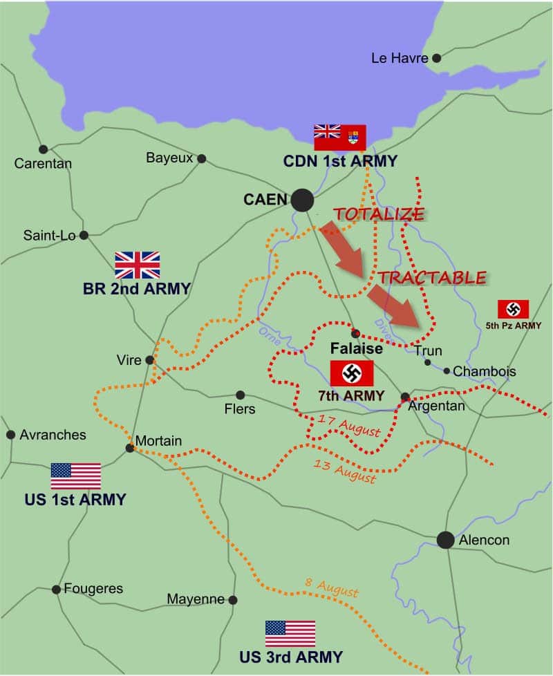 Kaart van de Falaise Pocket die de geallieerde omsingeling en terugtrekking van Duitse troepen in Normandië toont.