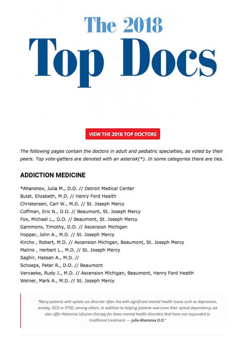 Dr Julia Aharonov - Top Docs List 2018 - Addiction Medicine - Hour Detroit Magazine