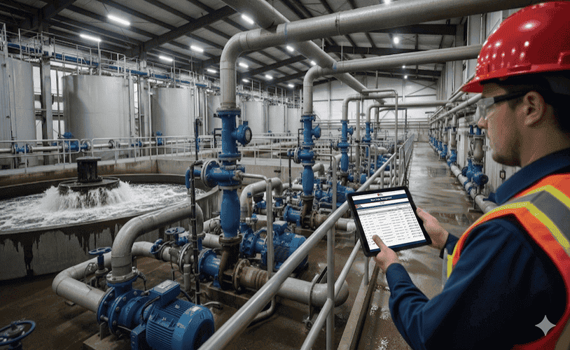 Engineer monitoring wastewater plant equipment using CMMS software dashboard.