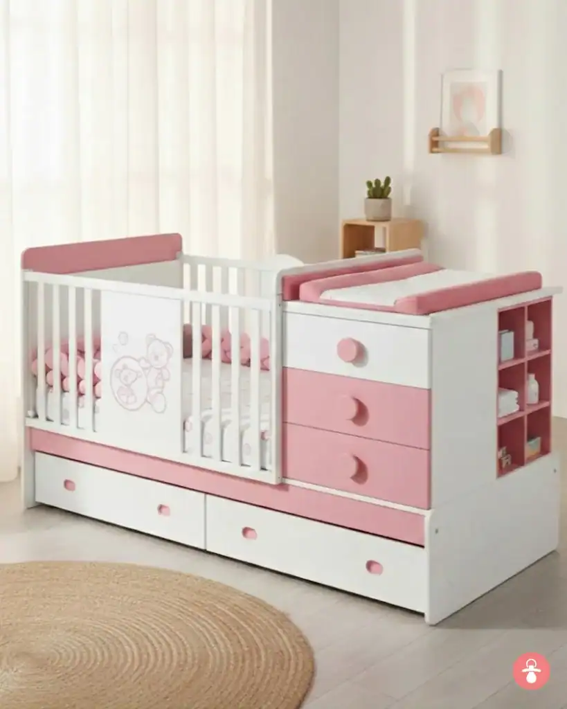 Berceau évolutif blanc avec commode intégrée, lit bébé modulable et commode à langer.