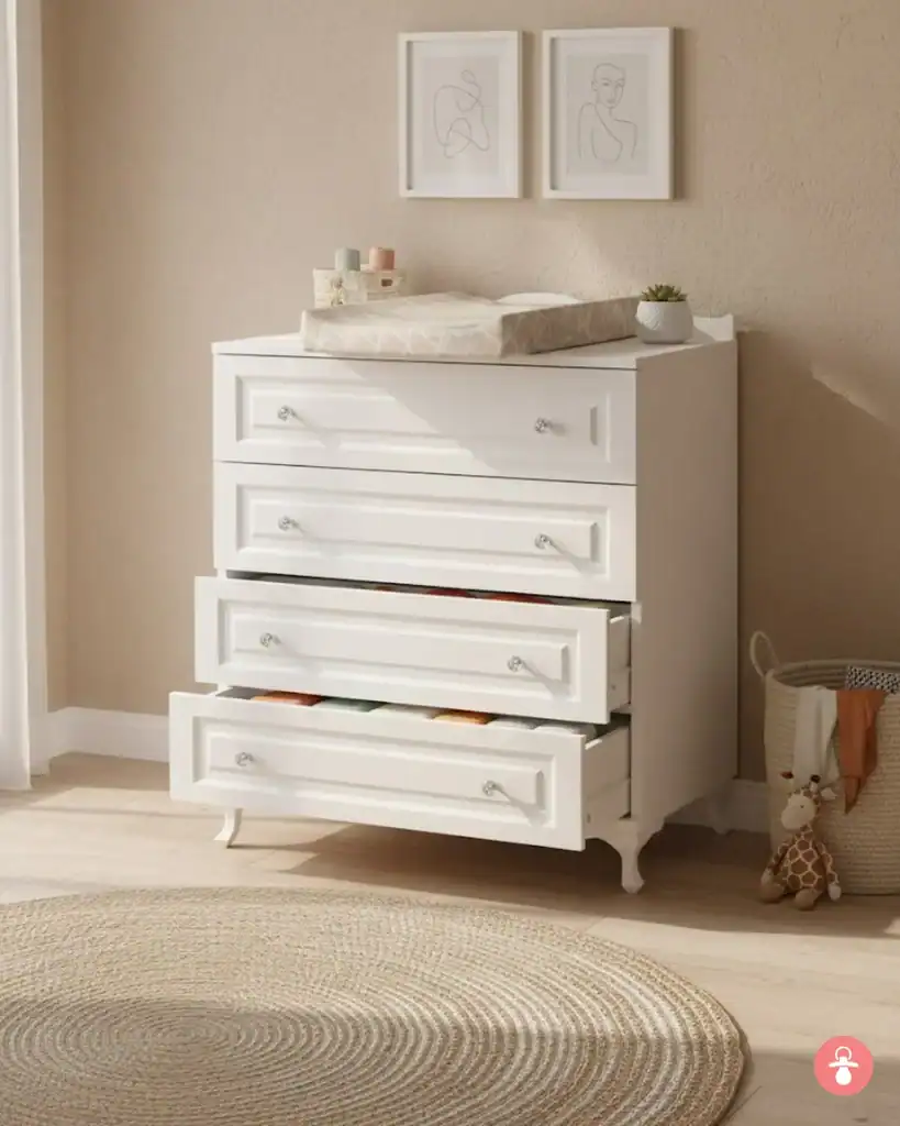 Commode 4 tiroirs blanche bébé, rangement chambre enfant, meuble pratique et élégant