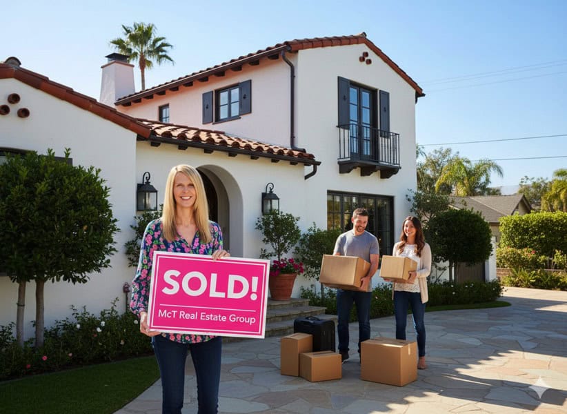 Realtors Outside a Home Sold in San Diego Helping Them Move Out with Boxes on Hand