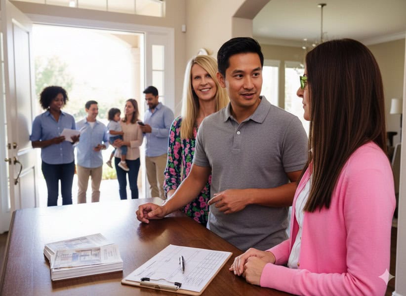 Realtors hosting an open house and people entering the door