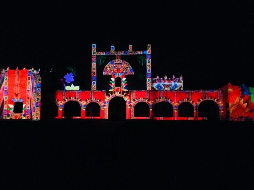 Covento de Bernadino Sound and Light Show in Valladolid, Mexico Covento de Bernadino Sound and Light Show in Valladolid, Mexico Colourful lights projected onto the stone walls.