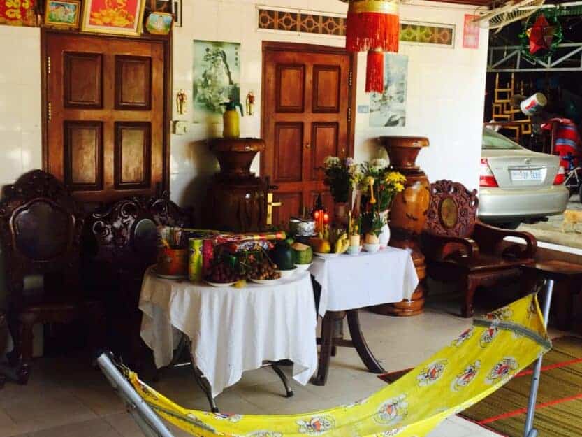 Khmer New Year offering, Siem Reap, Cambodia Khmer New Year offering, Siem Reap, Cambodia. Table of fruit, vegetables, incense and drinks