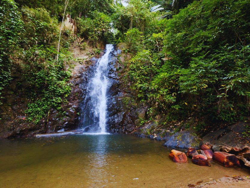 Durian Perangin Waterfall falling into a pool and surrounded by green trees and vegetation.