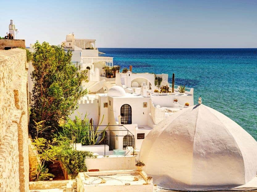 View from above of the white Hammamet Old Medina with the blue sea in the background.