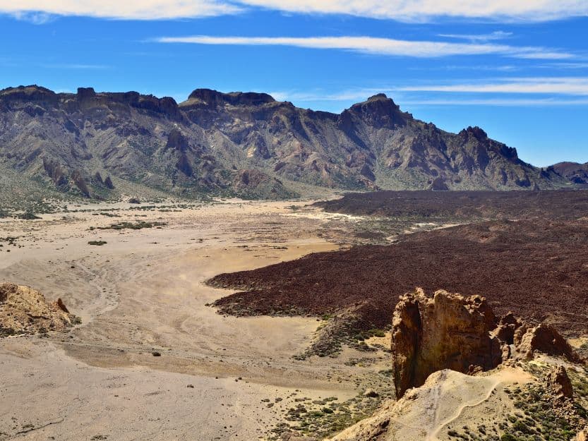 Hidden Gems in Tenerife Hidden gems in Greece, image of Teide National Park, mountains with blue sky in background.