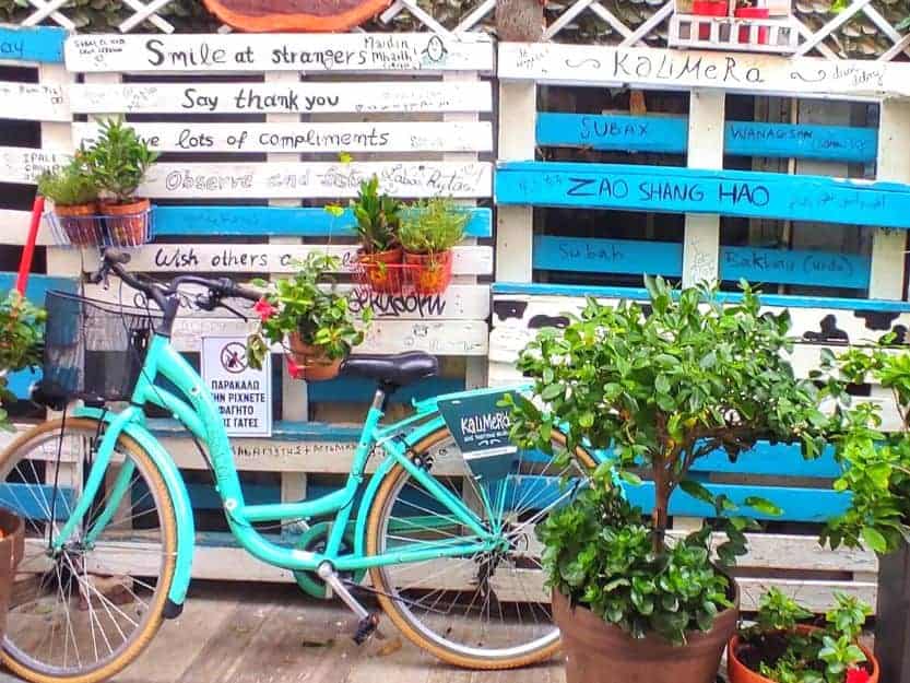 Kalimera Breakfast and Brunch Restaurant in Nafplio, Greece Colourful greetings display with bicycle outside Kalimera breakfast and brunch restaurant in Nafplio, Greece