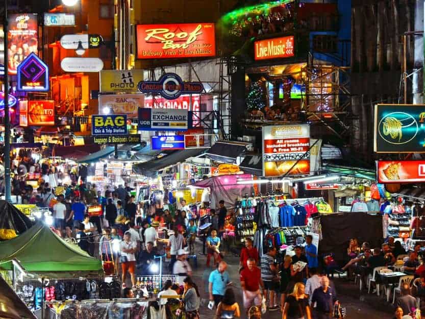 Khaosan Road in Bangkok, Thailand Neon signs on a busy Khaosan Road in Bangkok, Thailand