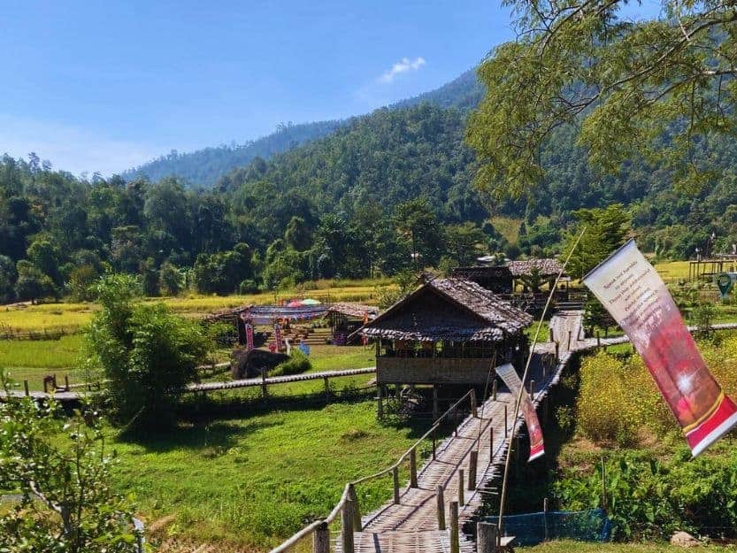 Kho Ku So Bamboo Bridge in Pai, Thailand Kho Ku So Bamboo Bridge in Pai, Thailand. It passes over green paddy fields to Wat Pa Huai Khai Khiri Temple