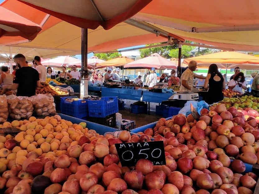 Market in Ermioni in Greece Colourful fruit stalls at the market in Ermioni Greece.
