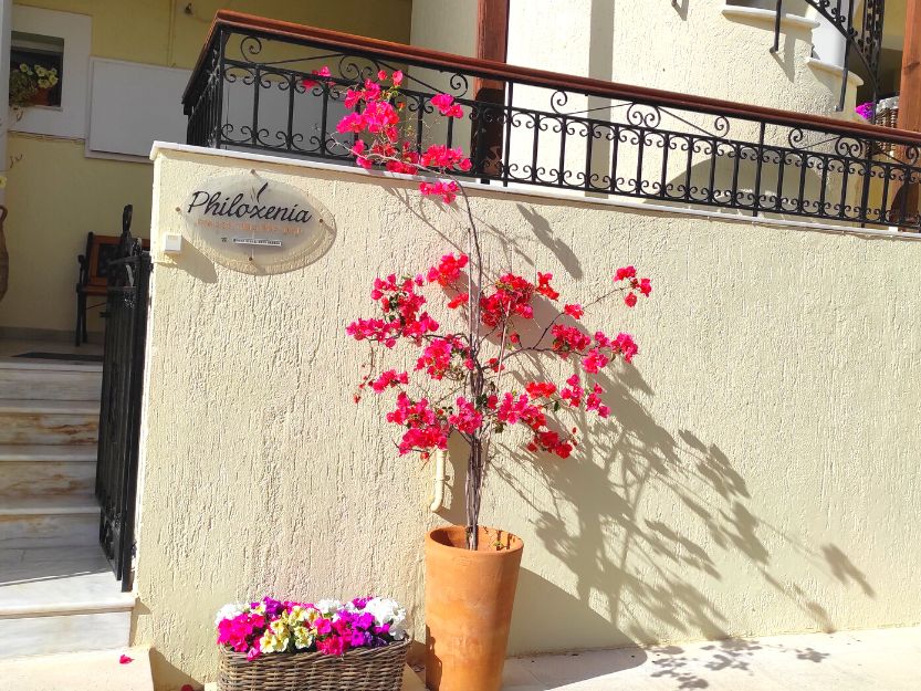 Philoxenia Ganossi in Ermioni Philoxenia Ganossi in Ermioni. Red flowering small tree and basket of colourful flowers outside the hotel apartments.
