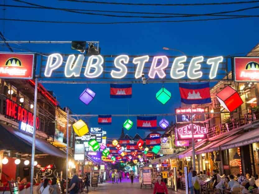Colourful lights in pub street in Siem Reap in Cambodia