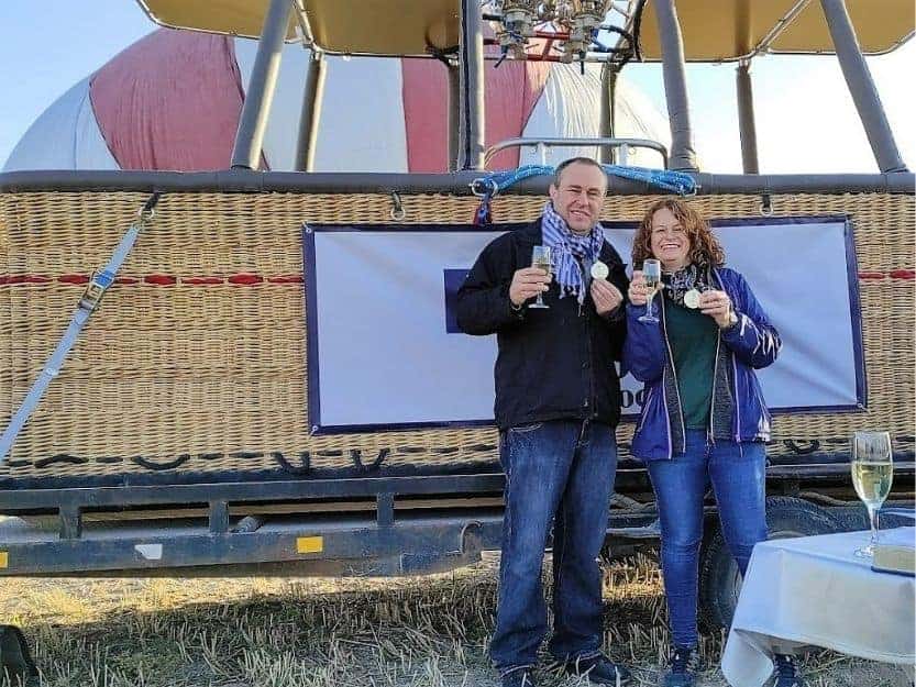 Royal Balloon Hot Air Balloon Flight Tanya and Andy standing in front of a Royal Balloon hot air balloon basket