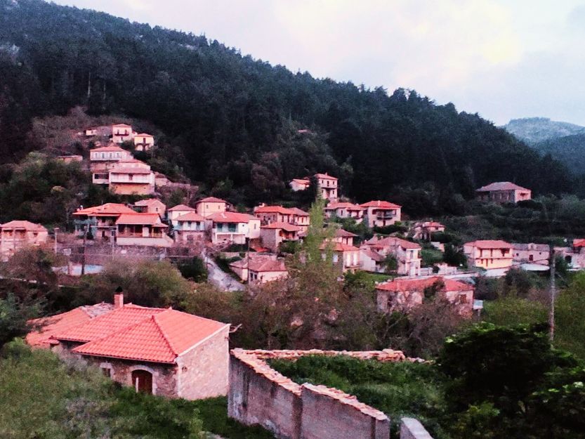 Tsintzina Village in Laconia Tsintzina Village at dusk. Red tile roofed houses surrounded by fir covered mountain slopes