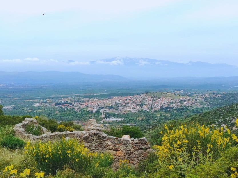 View from the top of Geraki Castle in Laconia. In the background is the Taygetus mountain range and the town of Geraki. In the foreground are ruined stone walls, greenery and yellow wildflowers