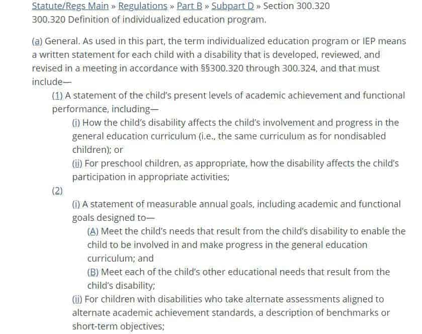 IDEA statute on how to write an IEP goal and objectives