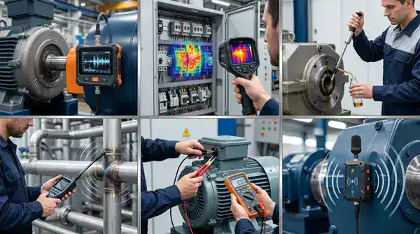 Six-panel photo collage of predictive maintenance techniques: a technician using a handheld vibration analyzer on an industrial motor, an infrared thermal camera scanning an electrical panel, a technician drawing an oil sample from machinery, ultrasonic testing on industrial piping, a technician using a multimeter to test an electric motor, and a wireless acoustic sensor mounted on an industrial gearbox