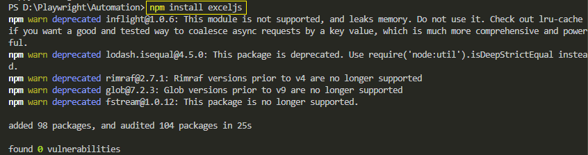 Installing ExcelJS for Playwright data-driven testing