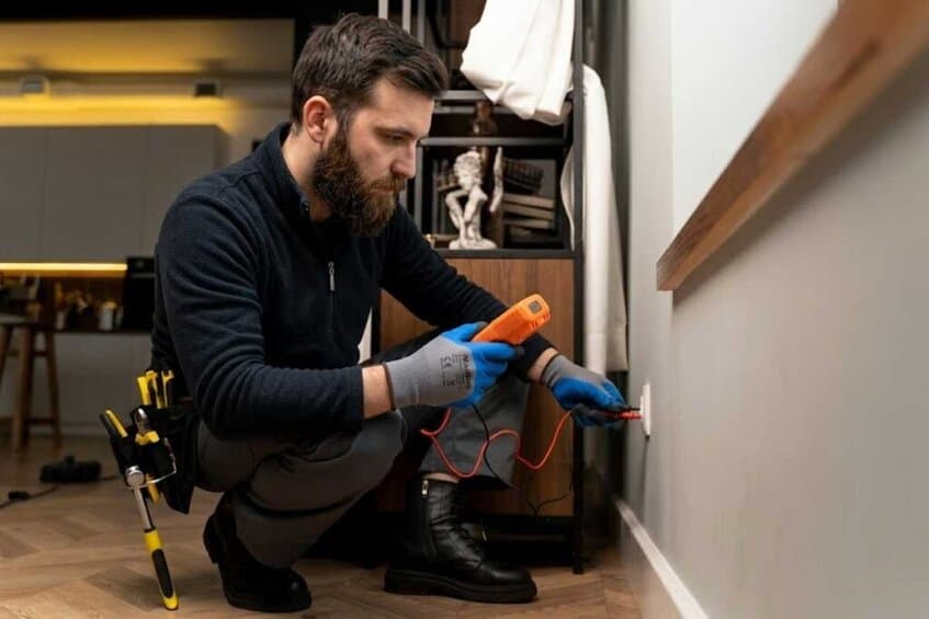 elettricista Riparazione Casa cerca il guasto in una casa privata