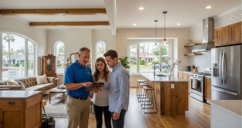 North Park Craftsman home inspection - inspector reviewing report with buyers about foundation and electrical findings