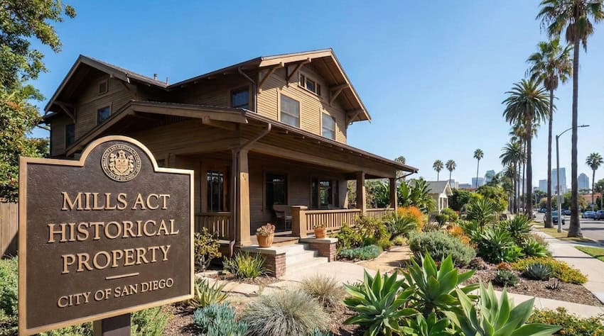 A plaque showing Mills AcT Historical Home in San Diego in front of brown colored house