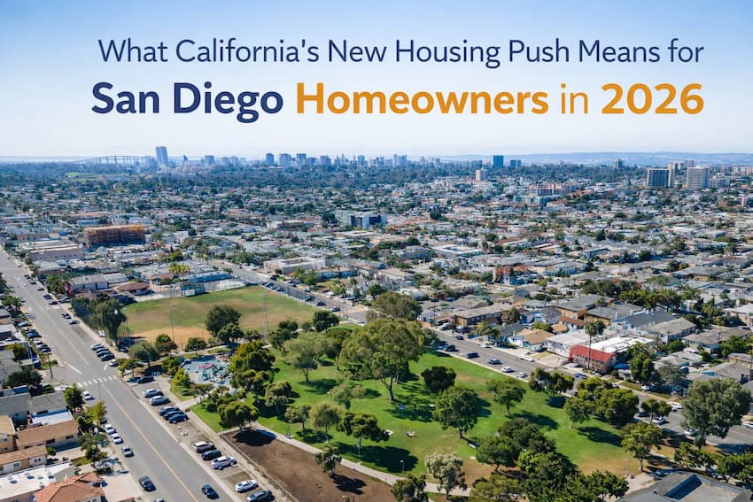 Aerial view of North Park San Diego with park, homes, and skyline as California housing changes impact homeowners in 2026
