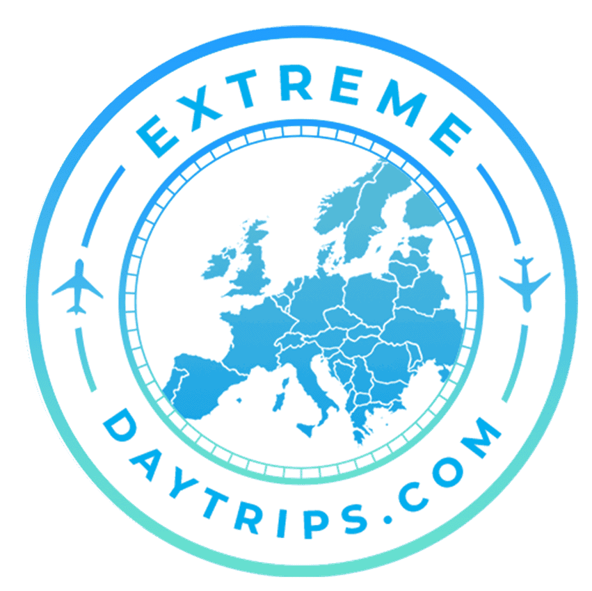 Extreme Day Trips dot com logo - a blue round stamp with white backgrouund showing a map of Europe and two planes around the edge.