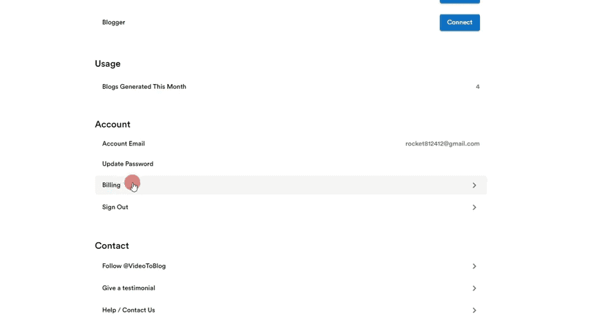 VideoToBlogの使い方:YouTube動画からブログ記事を作るAIツール 逆にVideoToBlogを解約やキャンセルするには同じアカウントページ内からBilling(請求情報)を押してください