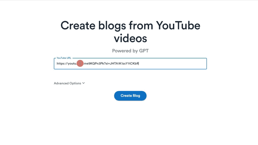 VideoToBlogの使い方:YouTube動画からブログ記事を作るAIツール VideoToBlogで YouTube 動画をブログ記事に変換するにはまずは YouTube 動画の URL をコピーしてVideoToBlogの URL の入力エリアに貼り付け ます。
