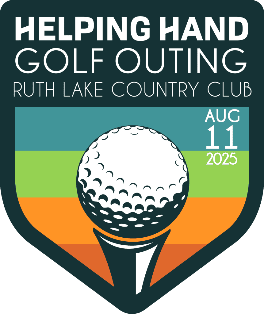 Badge-style graphic for "Helping Hand Golf Outing" at Ruth Lake Country Club on August 11, 2025, featuring a golf ball on a tee with a background of green, yellow, orange, and teal stripes.