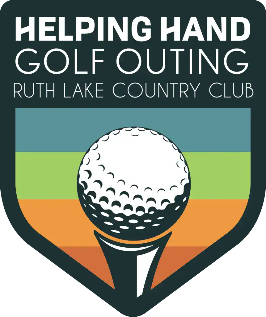 Logo for "Helping Hand Golf Outing" at Ruth Lake Country Club, featuring a golf ball on a tee with horizontal green, yellow, and orange stripes in the background.