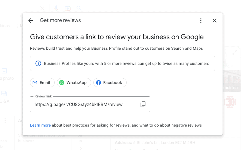 Example of Google review sharing link