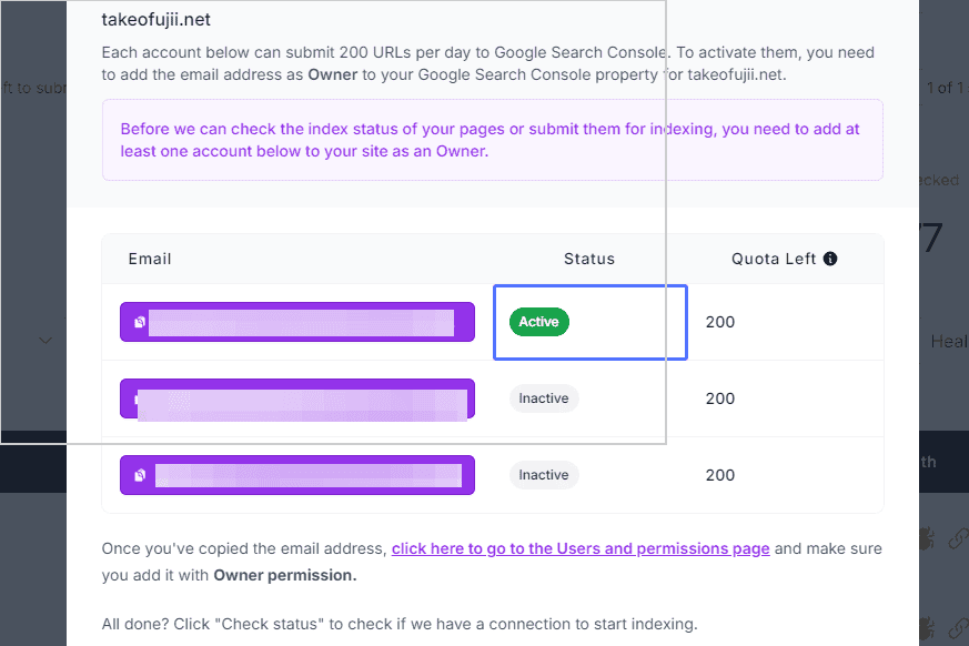 ブログ記事のインデックス登録を瞬時に!URL Monitorの使い方・機能を解説!ブロガー必須の"裏技"ツール ちゃんと URL Monitorのメールアドレスが Google サーチコンソールに登録されている場合は activeの状態になる