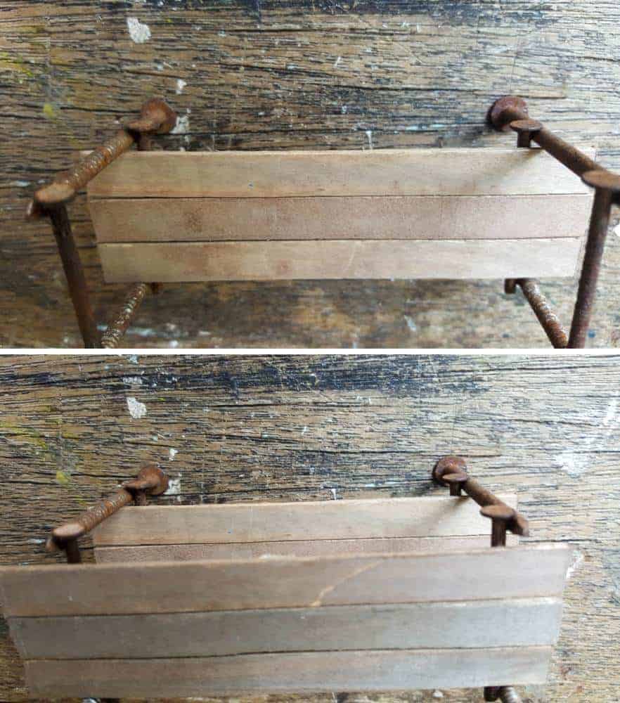 Place the stirrer shelves on the rusty nail frame #FairyPottingBench #FairyDIYCrafts #ACraftyMix #FairyGardens #FairyCrafts #WhimsicalFairyCrafts #SimpleFairyCrafts #MiniaturePottingBench #RustyNails