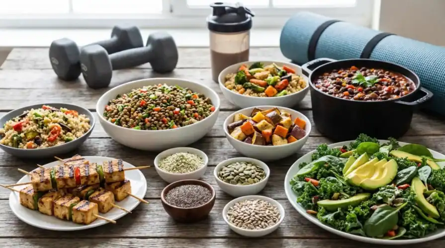 plant base high protein meal on colorful background