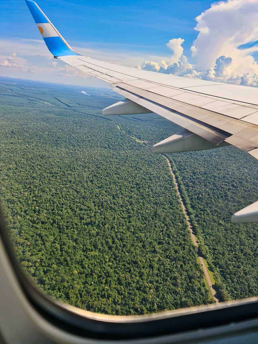 The view from an airplane window overlooking a dense, lush jungle canopy. The picture is taken while the plane from Buenos Aires approaches Iguazu Falls Airport.